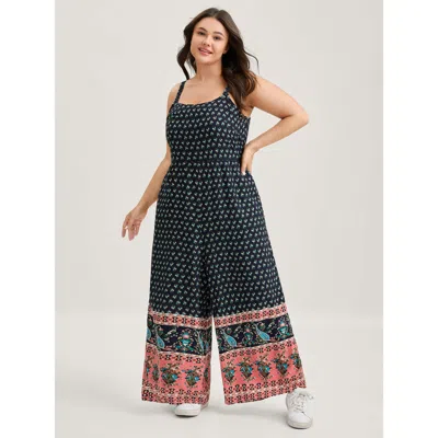 Bloomchic Women's Plus Size Boho Contrast Cami Wide-leg Jumpsuit Indigo Casual 22-24/3x In Purple