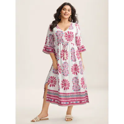 Bloomchic Women's Plus Size Boho Drama Sheer A-line Midi Dress Rosered Tropical Midi Vacation Bowknot 10/m