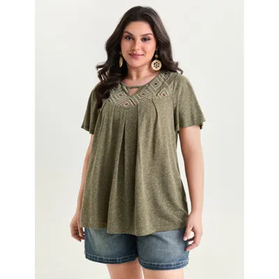 Bloomchic Women's Plus Size Boho Embroidered Keyhole Neckline Blouse Olive Solid Vacation Short Sleeve Round N In Green
