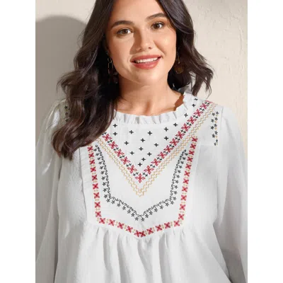 Bloomchic Women's Plus Size Boho Embroidered Neckline Ruffled Neck Blouse Ivory Non Vacation 3/4 Sleeve 12/l In White