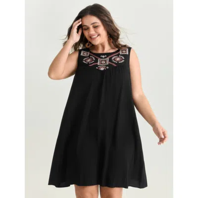 Bloomchic Women's Plus Size Boho Embroidered Neckline Sleeveless Mini Dress Black Solid Cropped Vacation Embro