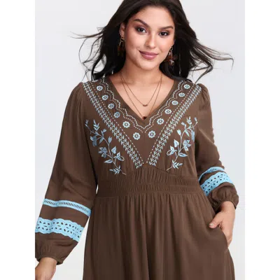 Bloomchic Women's Plus Size Boho Embroidered Neck-tie Midi Dress Browncoffeecolor Synthetic Texture Midi Vacat