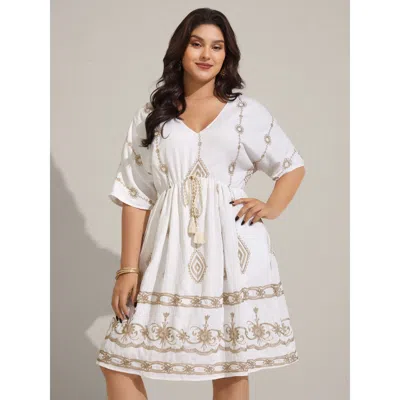 Bloomchic Women's Plus Size Boho Embroidered Waist Tie Mini Dress Beige Ethnic Floral Mini Vacation Bowknot 14 In Sand