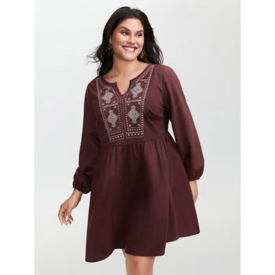 Bloomchic Women's Plus Size Boho Embroidery Notched Neckline Mini Dress Maroon Non Short Vacation Embroidered  In Burgundy