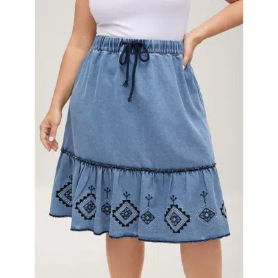 Bloomchic Women's Plus Size Boho Embroidery Ruffled Hem Denim Skirt Bluevintage Drawstring Vacation No Stretch