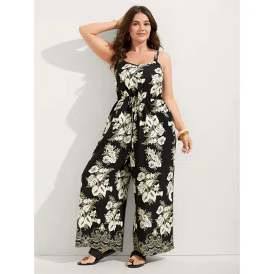 Bloomchic Women's Plus Size Boho Floral Cami Pockets Jumpsuit Black Vacation 18-20/2x