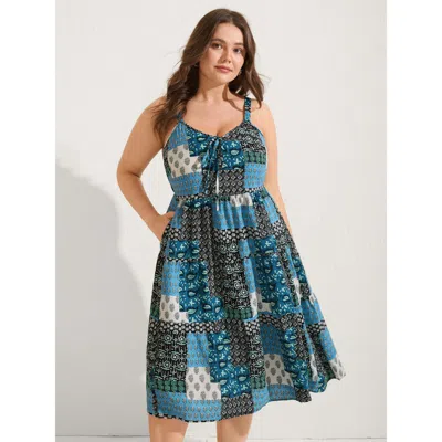 Bloomchic Women's Plus Size Boho Floral Collage Stretchy Waist Midi Dress Multicolor Bohemian Print Midi Vacat