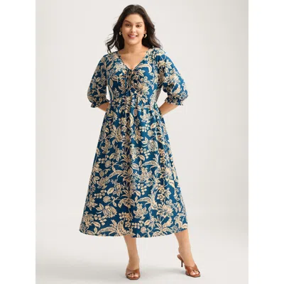 Bloomchic Women's Plus Size Boho Floral Drawstring Pockets Maxi Dress Mediumblue Floral Midi Vacation Ruched 3
