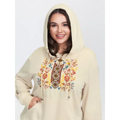 Bloomchic Women's Plus Size Boho Floral Embroidery Drop Shoulder Hoodie Beige Natural Flowers Casual 12/l In Sand