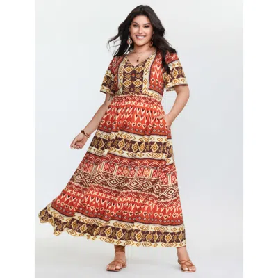 Bloomchic Women's Plus Size Boho Floral Print Flared Sleeve Maxi Dress Multicolor Bohemian Print Maxi Vacation