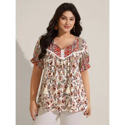 Bloomchic Women's Plus Size Boho Floral Print Neck Tassels Blouse Crimson Paisley Vacation Short Sleeve Tie-ne In Red
