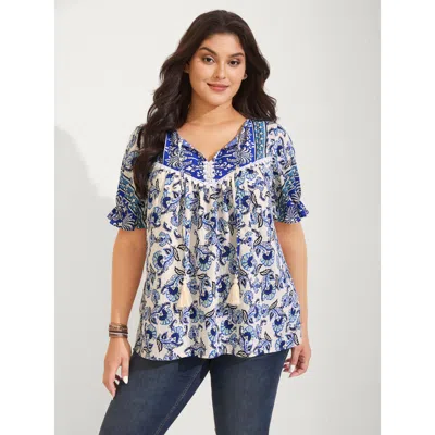 Bloomchic Women's Plus Size Boho Floral Print Neck Tassels Blouse Darkblue Paisley Vacation Short Sleeve Tie-n In Blue