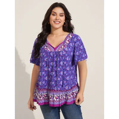 Bloomchic Women's Plus Size Boho Floral Print Neck Tie Blouse Blueviolet Tropical Vacation Short Sleeve V-notc