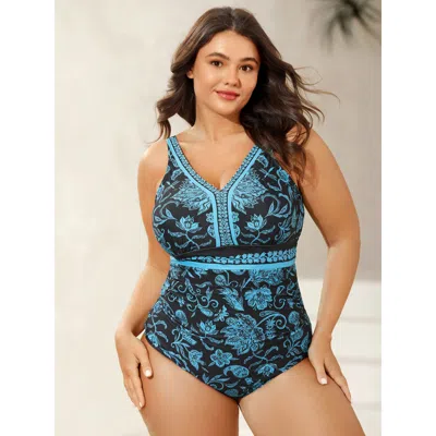 Bloomchic Women's Plus Size Boho Floral Print Ruched One-piece Swimsuit Teal Bohemian Print Gathered Adaptive- In Blue