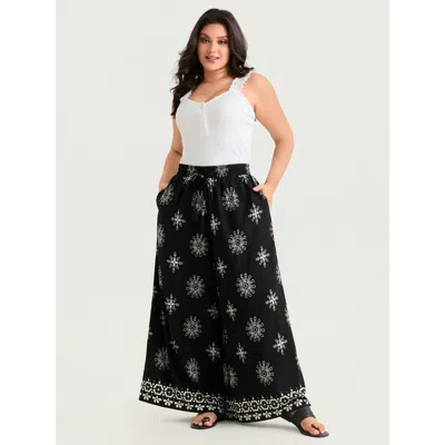 Bloomchic Women's Plus Size Boho Floral Print Wide Leg Pants Blackflower Ethnic Floral Wide Leg Mid Rise Vacat