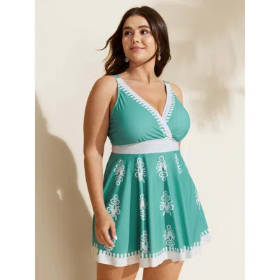 Bloomchic Women's Plus Size Boho Flower Print Surplice Swim Dress Turquoise Ethnic Floral Colorblock Adaptive- In Blue
