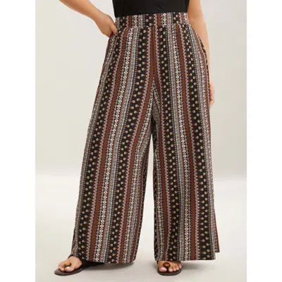 Bloomchic Women's Plus Size Boho Geometric Pattern Wide-leg Pants Browncoffeecolor Stripes Wide Leg Mid Rise V