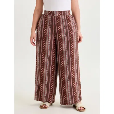 Bloomchic Women's Plus Size Boho Geometric Pattern Wide-leg Pants Deepred Stripes Wide Leg Mid Rise Vacation 1 In Red