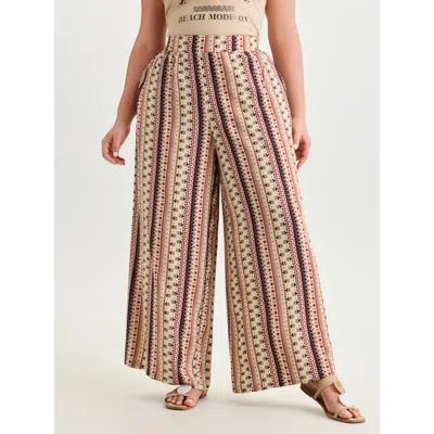 Bloomchic Women's Plus Size Boho Geometric Pattern Wide-leg Pants Ivory Stripes Wide Leg Mid Rise Vacation 22- In White