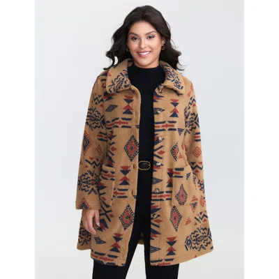 Bloomchic Women's Plus Size Boho Geometric Print Button-down Coat Yellowishbrown Button H-line 10/m