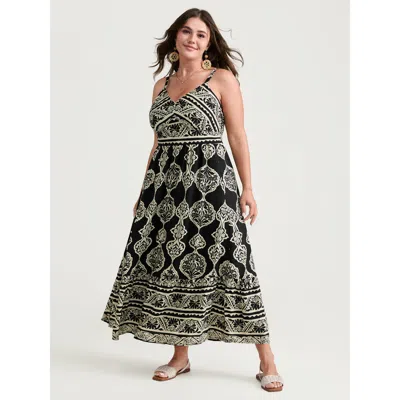 Bloomchic Women's Plus Size Boho Geometric Print Cami Flowy Maxi Dress Black Bohemian Print Maxi Vacation Shir