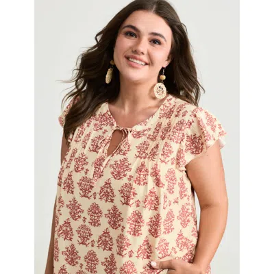 Bloomchic Women's Plus Size Boho Geometric Print Flutter Sleeve Blouse Beige Batik Print/jacquard Matrix Vacat In Sand