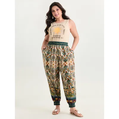 Bloomchic Women's Plus Size Boho Geometric Print Jogger Pants Multicolor Ethnic Floral Barrel Mid Rise Vacatio