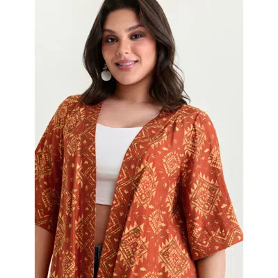 Bloomchic Women's Plus Size Boho Geometric Print Open-front Kimono Turmeric Non A-line 10/m In Yellow