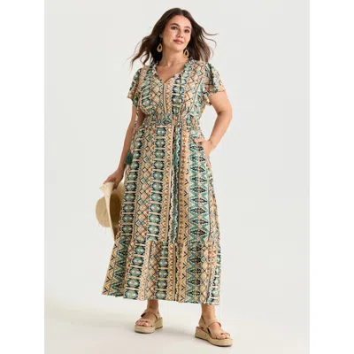 Bloomchic Women's Plus Size Boho Geometric Print Ruffled Neckline Maxi Dress Emerald Ethnic Floral Maxi Vacati In Green