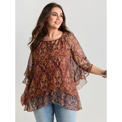 Bloomchic Women's Plus Size Boho Geometric Print Ruffled Sleeve Blouse Yellowishbrown Bohemian Print Vacation 