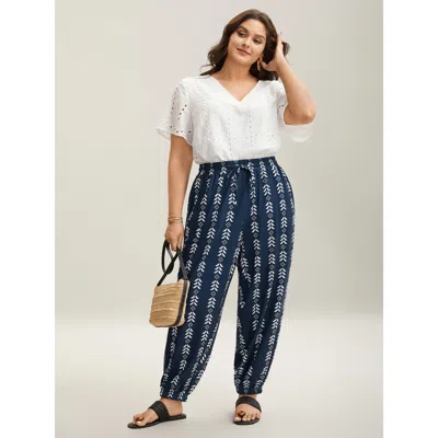 Bloomchic Women's Plus Size Boho Geometric Print Stretchy Waist Pants Indigo Geometric Jogger Mid Rise Vacatio In Purple
