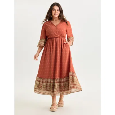 Bloomchic Women's Plus Size Boho Geometric Print Wrap Maxi Dress Coral Bohemian Print Maxi Vacation 22-24/3x In Orange