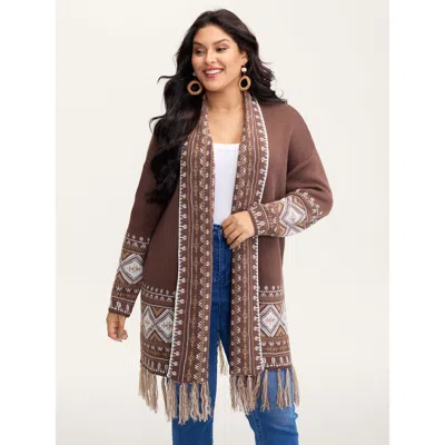Bloomchic Women's Plus Size Boho Jacquard Folded Collar Tassels Cardigan Darkbrown Long Sleeve Wide Lapel 12/l In Brown