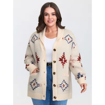 Bloomchic Women's Plus Size Boho Jacquard Print Pocket Knit Cardigan Apricot Long Sleeve 12/l In Orange