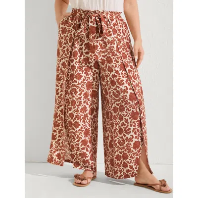 Bloomchic Women's Plus Size Boho Overlap Slit Belted Wide-leg Pants Rust Floral Wide Leg Mid Rise Vacation 10/ In Brown
