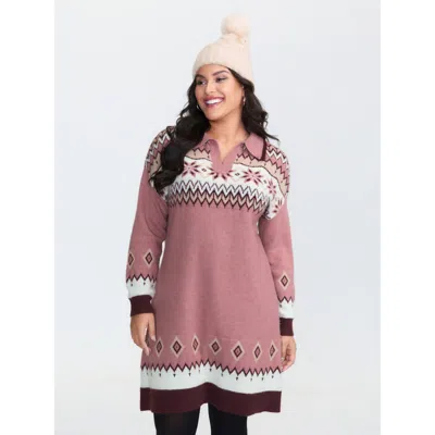 Bloomchic Women's Plus Size Boho Pattern Jacquard Contrast Sweater Dress Beanpastepowder Ethnic Floral Mini No