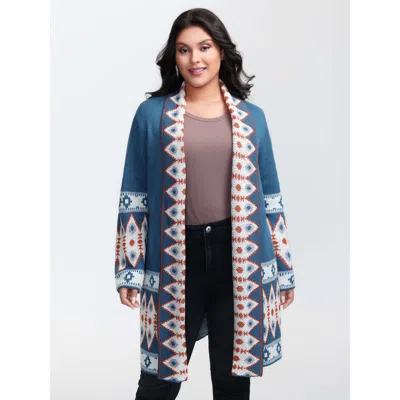Bloomchic Women's Plus Size Boho Pattern Jacquard Folded Collar Knit Cardigan Lightblue Long Sleeve 12/l In Blue