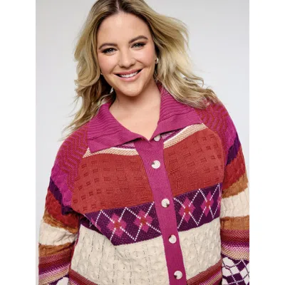 Bloomchic Women's Plus Size Boho Pattern Jacquard Knit Cardigan Redviolet Long Sleeve 10/m