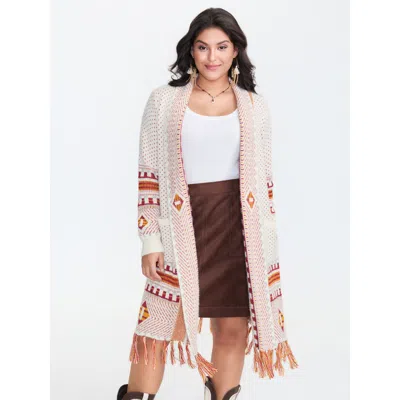 Bloomchic Women's Plus Size Boho Pattern Tassels Fluffy Texture Knit Cardigan Beige Long Sleeve 12/l In Sand