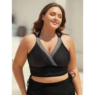 Bloomchic Women's Plus Size Boho Print Adjustable Drawstrings Swim Tankini Black Bohemian Print Tie Knot Adapt