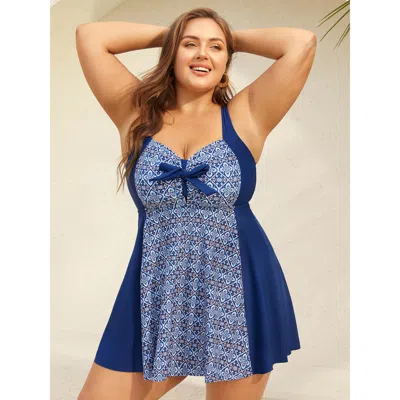 Bloomchic Women's Plus Size Boho Print Adjustable Front Knot Swim Dress Indigo Bohemian Print Tie Knot Adaptiv In Purple