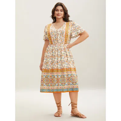 Bloomchic Women's Plus Size Boho Print Adjustable Neck Ties Midi Dress Lightyellow Bohemian Print Midi Vacatio