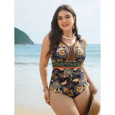 Bloomchic Women's Plus Size Boho Print Adjustable Tie One-piece Swimsuit Indigo Bohemian Print Gathered Adapti In Purple
