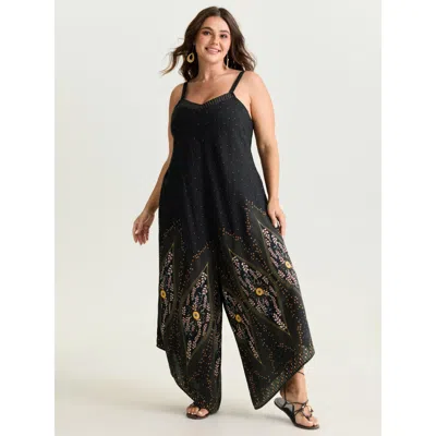Bloomchic Women's Plus Size Boho Print Asymmetrical Hem Jumpsuit Blackflower Vacation 10/m