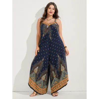 Bloomchic Women's Plus Size Boho Print Asymmetrical Hem Jumpsuit Navy Vacation 18-20/2x In Blue