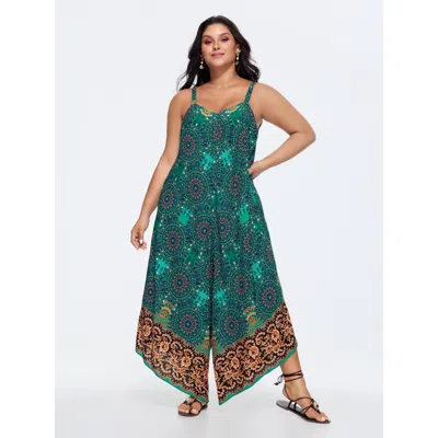 Bloomchic Women's Plus Size Boho Print Asymmetrical Hem Jumpsuit Teal Vacation 12/l In Blue