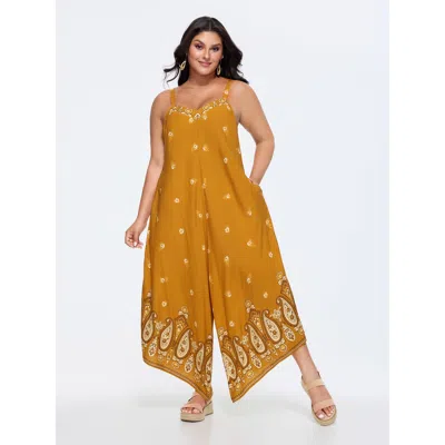 Bloomchic Women's Plus Size Boho Print Asymmetrical Hem Jumpsuit Yellowishbrown Vacation 22-24/3x