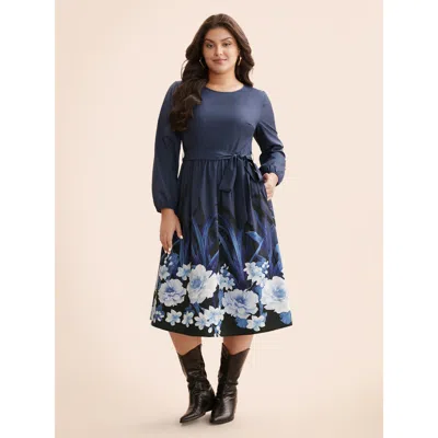 Bloomchic Women's Plus Size Boho Print Belted Lantern Sleeve Dress Darkblue Floral Midi Everyday Belted 22-24/ In Blue