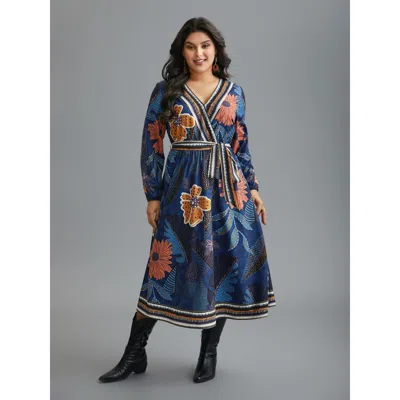 Bloomchic Women's Plus Size Boho Print Belted Lantern Sleeve Dress Darkblue Floral Midi Vacation Belted 28/5x In Blue