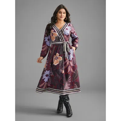 Bloomchic Women's Plus Size Boho Print Belted Lantern Sleeve Dress Deeppurplered Floral Midi Vacation Belted 2
